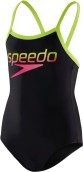 Dievčenské plavky Speedo Girl's Boom Logo Thinstrap Muscleback Swimsuit - Black/ Lime/ Pink